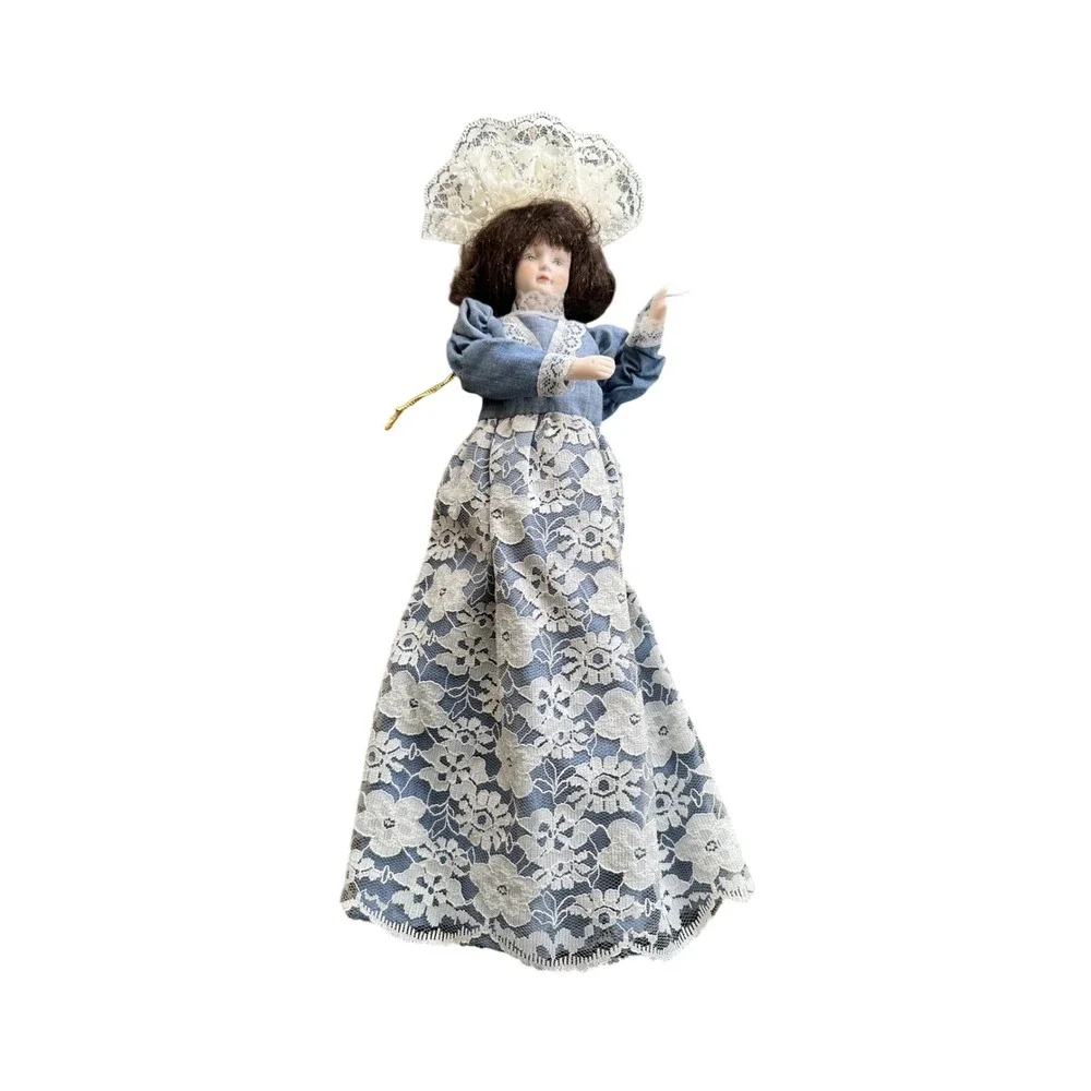 Vintage Porcelain Lace Doll Ornament Blue Denim Floral Dress‎ 9 Inch Taiwan